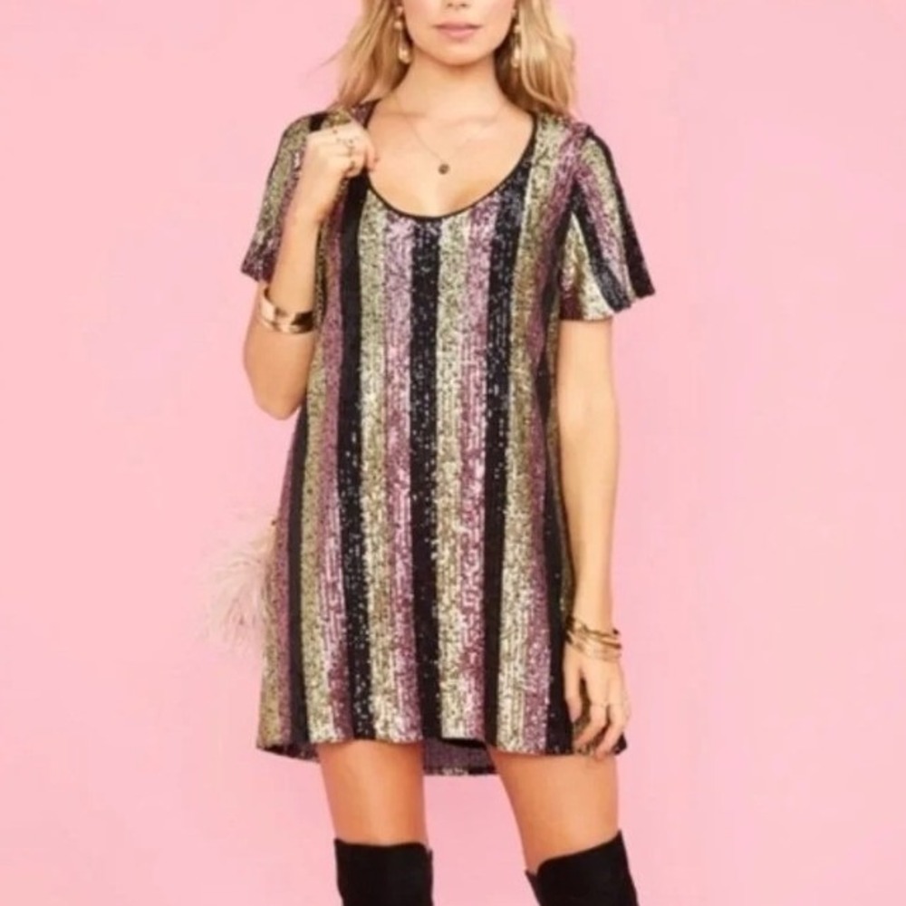 Show Me Your Mumu Katie Sequin Mini Dress Stretch Pink Gold Black Stripe Small